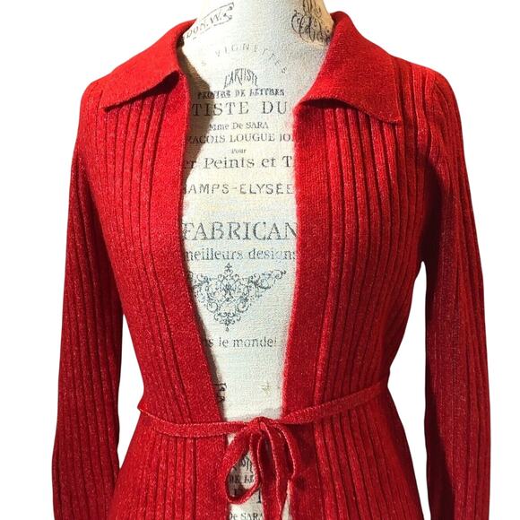 ASOS Design Cardigan Sweater Womens 8 Red Shimmer Open Front Belted Ribbed Knit - Picture 2 of 8